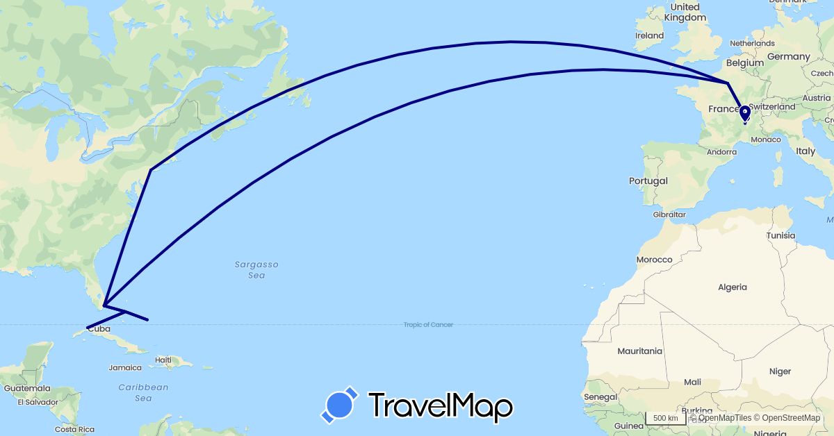 TravelMap itinerary: driving in Bahamas, Cuba, France, United States (Europe, North America)