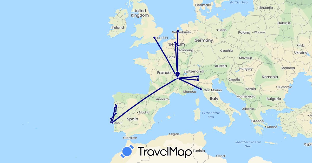TravelMap itinerary: driving in Belgium, France, United Kingdom, Italy, Netherlands, Portugal (Europe)